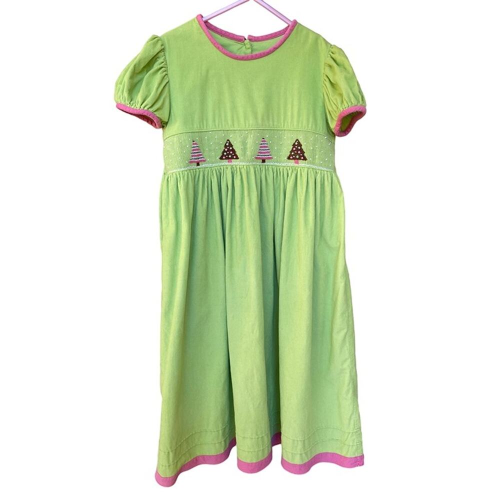 ANAVINI LT GREEN CORDUROY Christmas Trees Corduroy SMOCKED DRESS Size 6X